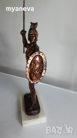 Ахил с щит и копие, стара , метална статуетка върху мраморен постамент, снимка 6 - Статуетки - 54207701