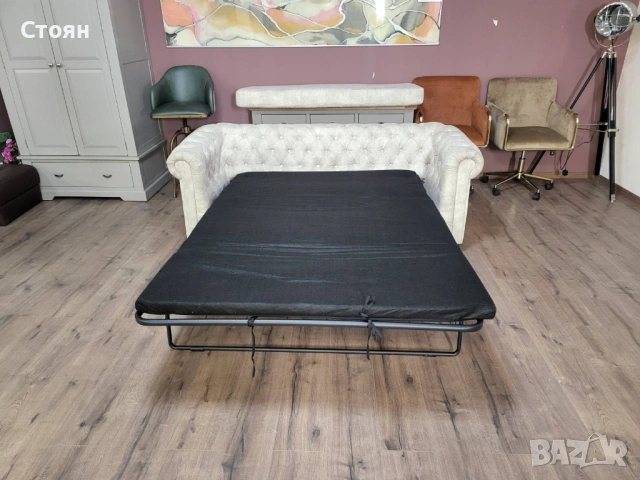 Кремав диван от плат тройка Честърфийлд с функция сън, снимка 2 - Дивани и мека мебел - 53759903