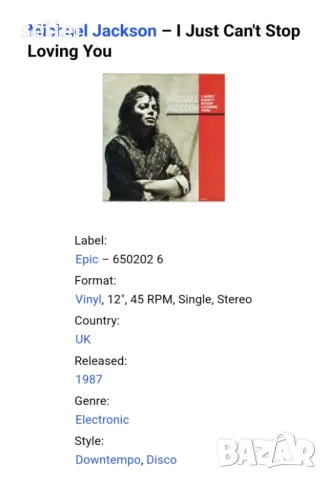 MICHAEL JACKSON MAXI SINGLE,плочата има 2 песни Английско издание 1987г Състояние :VG+ Цена-30лв, снимка 3 - Грамофонни плочи - 47158053