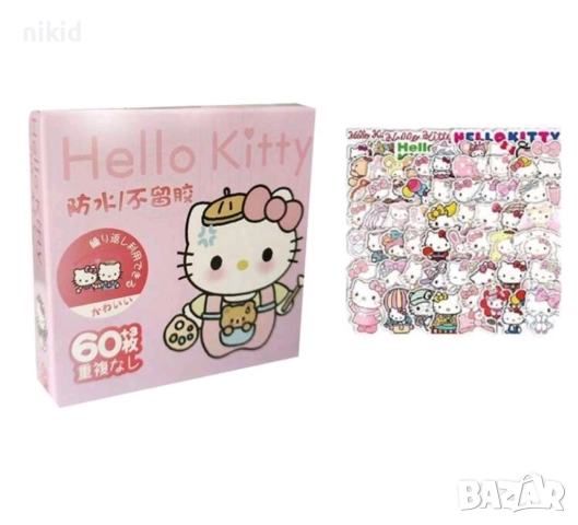 60 бр Hello Kitty Коте Кити самозалепващи лепенки стикери за украса декор