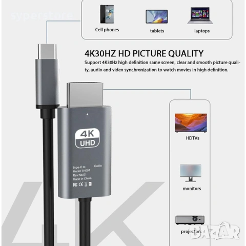 Кабел Type C към HDMI Digital One SP01145, Преходник TypeC to HDMI, 4K, 30Hz, 2m, снимка 6 - USB кабели - 53315953