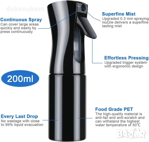 Спрей бутилка URAQT с ултра финна мъгла 200 мл, снимка 4 - Други стоки за дома - 47105454