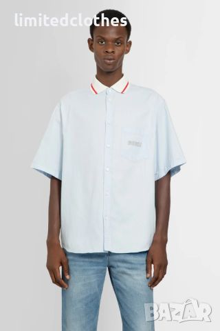 GUCCI Sky Blue Oxford Pique Collar Logo Oversized Мъжка Риза с Къс Ръкав size 48 (L / XL), снимка 7 - Ризи - 46130945