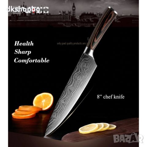 8 ИНЧА С КУТИЙКА  Кухненски нож професионален от японска дамаскова стомана, снимка 2 - Прибори за хранене, готвене и сервиране - 45472174