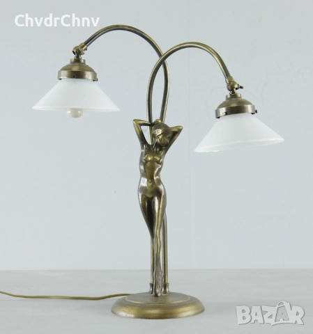 Стара Арт Деко немска настолна лампа с фигура на гола жена/бял бронз/еротика/50см-3кг, снимка 12 - Настолни лампи - 51603040