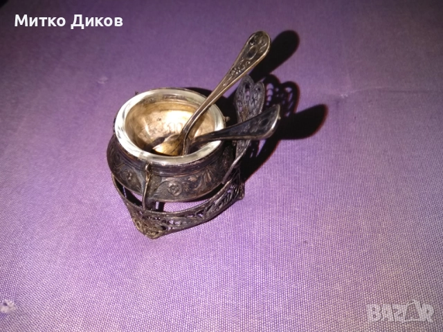 Посребрен съд за хайвер солница горчичник СССР с две лъжички и филигран 21 грама, снимка 4 - Други ценни предмети - 51553346