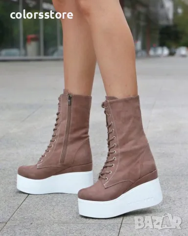 Боти на платформа - кафяв велур с бяло ходило - VP1, снимка 2 - Дамски боти - 35054927
