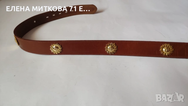 Кафяв колан от дебела естествена кожа и масивна метална тока и декорация в златисто, снимка 6 - Колани - 53738531