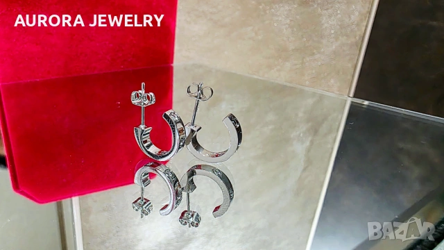 CARTIER Love Silver Hoop 2 Diamonds Small Model Дамски Обеци, снимка 4 - Обеци - 53237005