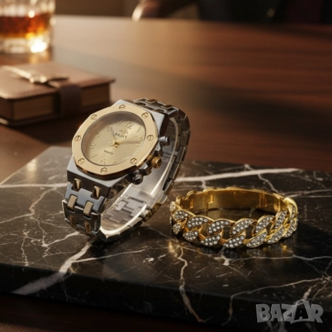 Модерен унисекс часовник със златист циферблат и блестяща гривна
