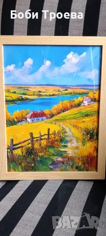 Есенно Селско Платно за Стена 30см.x 40см.- Живописен Есенен Пейзаж с Къща ,Златни Дървета 