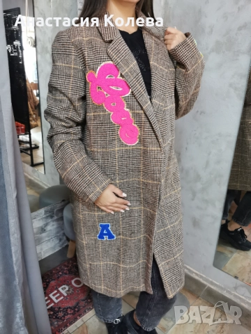 Зимно щуро палто каре със зашити апликации, снимка 3 - Палта, манта - 52680745