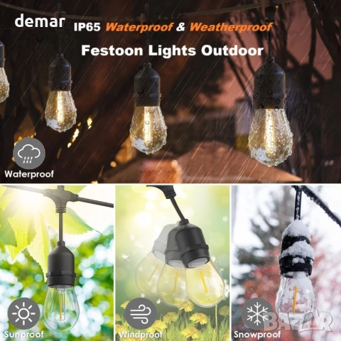 Yuhoolamp Външни 15-метрови водоустойчиви гирлянди с 15+1 нечупливи крушки S14, снимка 3 - Лед осветление - 51755723