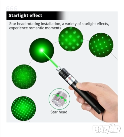 Многофункционална лазерна показалка,разстояние до 3000 м през нощта, зелен лазер., снимка 6 - Друга електроника - 51896128