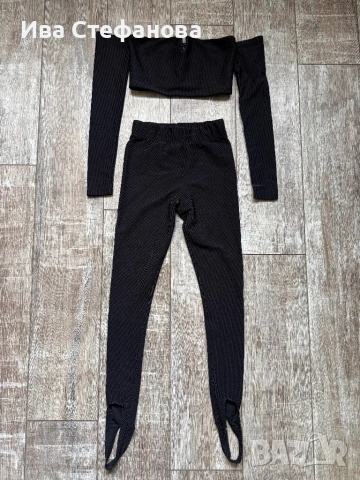 Нов черен спортно елегантен сет костюм от две части комплект топ и клин , снимка 2 - Костюми - 54148867