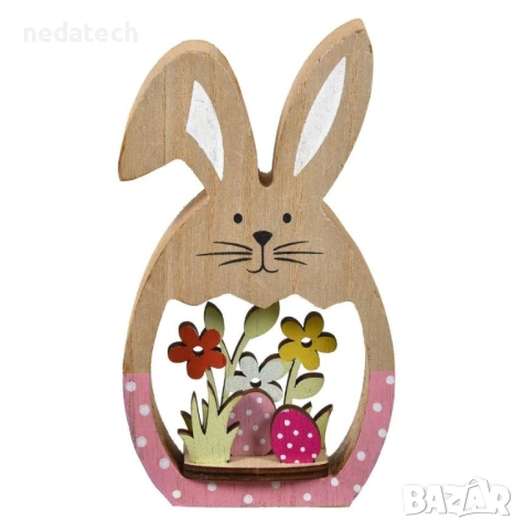 Великденска декорация дървено зайче в розово яйце, с цветя, 15 см