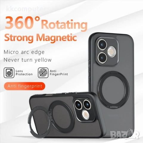Магнитен Матов Калъф за Honor 600 Lite 5G с 360° Стойка - TPU+PC, 12 Airbag, N52 магнит, Прозрачно-ч, снимка 4 - Калъфи, кейсове - 54250012