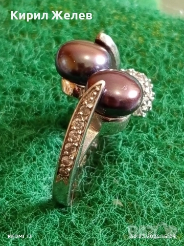 Изящен модерен сребърен пръстен с черни ПЕРЛИ и кристали стил и елегантност 54194, снимка 3 - Пръстени - 54027362