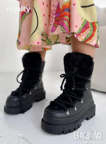 Боти на платформа - черна кожа с черен пух , снимка 2 - Дамски боти - 49924360