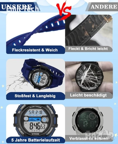 Детски часовник дигитален водоустойчив 50M – LED, аларма, 2 каишки, снимка 3 - Детски - 54049696