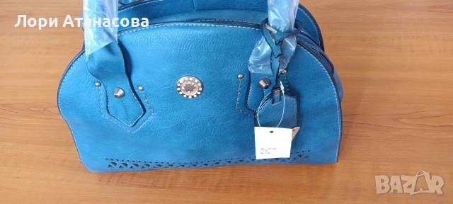 Тъмно синя дамска чанта кожа с две основни дръжки