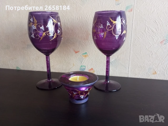 Комплект ръчно рисувани чаши за вино 2 бр.+ свещник