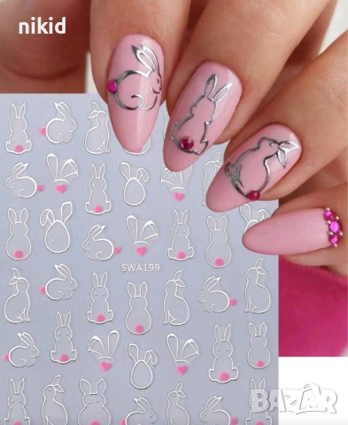 Заек зайче зайчета контур Великденски самозалепващи лепенки ваденки нокти маникюр декорация слайдер, снимка 2 - Продукти за маникюр - 54034369