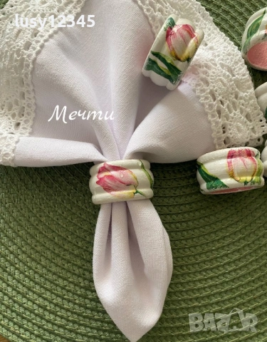 Комплект шест пръстени за салфетки с лаленца 🌷🌿🌷🌿🌷, снимка 2 - Прибори за хранене, готвене и сервиране - 53843083