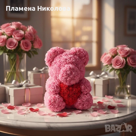 Мече от рози,  с подаръчна кутия- различни размери, снимка 2 - Романтични подаръци - 53093599