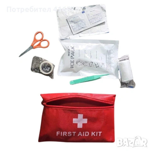 Компактен комплект за първа помощ в червена чантичка
