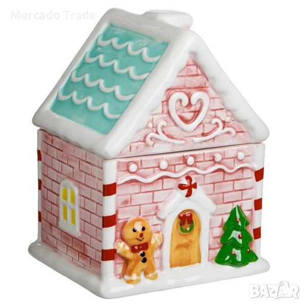 Коледен буркан за бисквитки Mercado Trade, Коледна къщичка, Розова, снимка 1