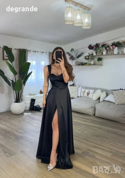 Черна Дамска рокля от сатен, снимка 1