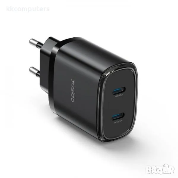 Зарядно/Адаптер 220V / Yesido YC54 / 2xPD 20W / + кабел Type-C - Lightning(iPhone) / Черен / Баркод , снимка 1