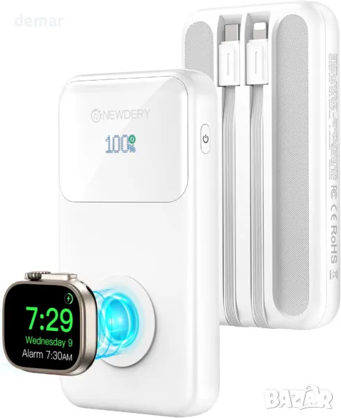 Външна батерия NEWDERY за Apple Watch, Вградени кабели, PD 20W (бяла, 10000 mAh), снимка 1