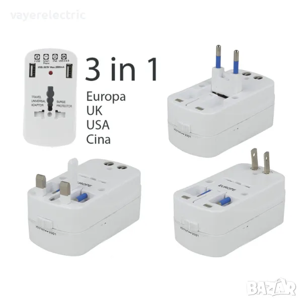 Универсален адаптор за контакт с 2 USB -Travel adapter-USA, UK, EU, China, снимка 1