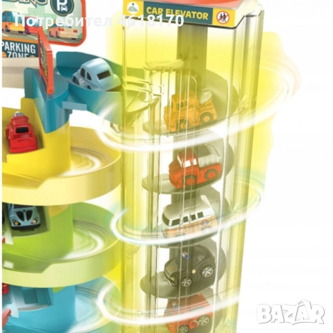 Комплект от детска писта на 5 нива с 6 броя колички и електрически светещ асансьор, снимка 5 - Коли, камиони, мотори, писти - 52380167