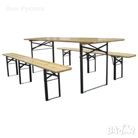 Сгъваем комплект градинска маса с 2 пейки - От чамово дърво, с отвор за чадър, снимка 5 - Градински мебели, декорация  - 53500692