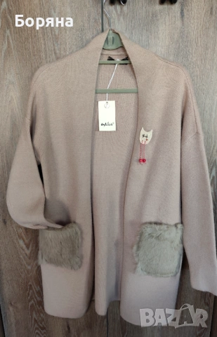 Нова бутикова жилетка камел с косъм от заек с брошка, снимка 10 - Жилетки - 43242542
