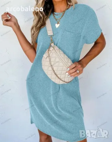 Ежедневна дамска рокля с джоб с къси ръкави и контрастни вълнообразни райета, 8цвята , снимка 8 - Рокли - 49494573