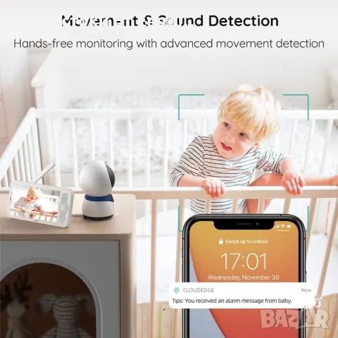 BOIFUN видео бебефон, 5'' 1080P, детекция на движение и звук, нощно виждане, двупосочен, снимка 4 - Бебефони - 49272076