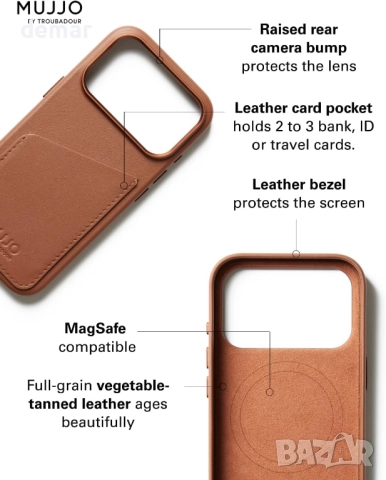 Кожен калъф-портфейл Mujjo - за iPhone 17 Pro - MagSafe - кафяв, снимка 3 - Калъфи, кейсове - 52962650