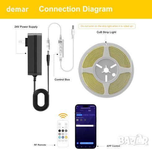 FUIQI COB LED лента 5M, димируема безточкова, със смарт приложение и дистанционно, 24V,  натур. бяло, снимка 2 - Лед осветление - 46550146