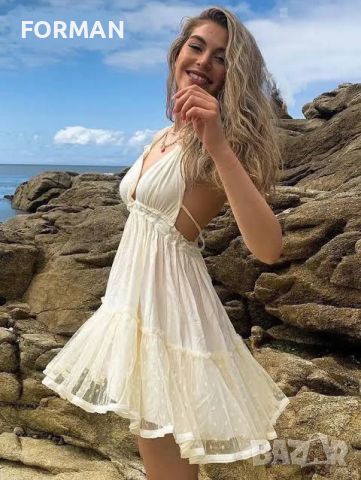 РАЗКОШНА плажна рокля с отворен гръб в цвят екрю, снимка 3 - Рокли - 46413773