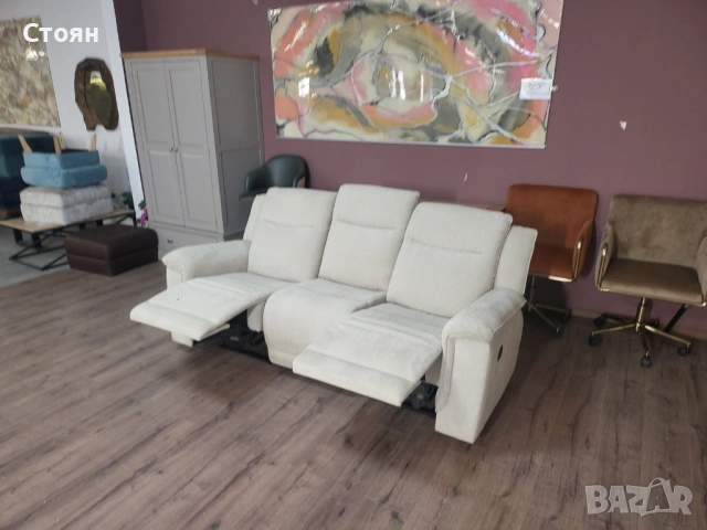 Кремав диван тройка от плат с ръчен релаксиращ механизъм, снимка 11 - Дивани и мека мебел - 53753644