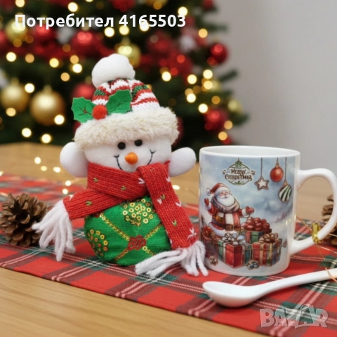 Празничен подаръчен комплект с чаша, лъжичка и снежен човек – готов за подаряване, снимка 3 - Коледни подаръци - 52672943