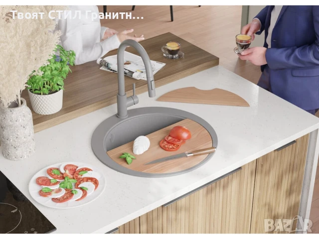 Сива кръгла кухненска гранитна мивка Пиза 50 Top 530 x 530 мм, снимка 3 - Мивки - 51286309