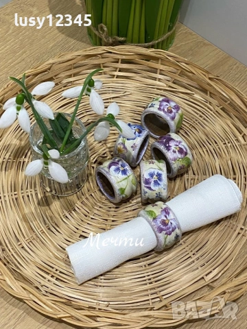 Комплект шест пръстени за салфетки с теменужки! 💜💚💜, снимка 4 - Прибори за хранене, готвене и сервиране - 53196387