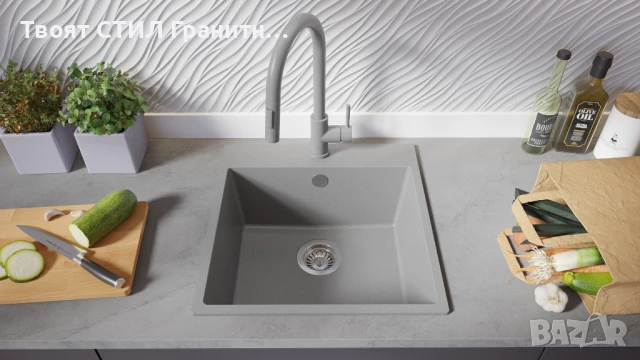 Сива кухненска мивка от гранит Рига 50 XL 480 x 500 мм, снимка 3 - Мивки - 50846643