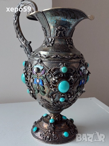 Стара Антикварна Сребърна кана за вода/сребро 925 проба,емайл,тюркуази/чаша,сребро/, снимка 3 - Аксесоари за кухня - 52316145