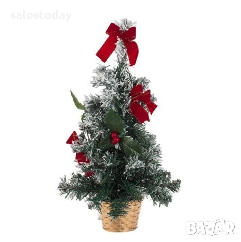 Елха с панделки и сняг, Декоративна снежна елхичка с 20 LED лапички, 50см